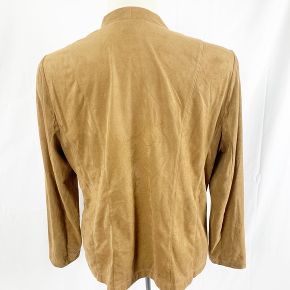 Tanjay Camel Brown Faux Suede Open Front Jacket with Gold Zip Pockets – Size 14 - Picture 4 of 8